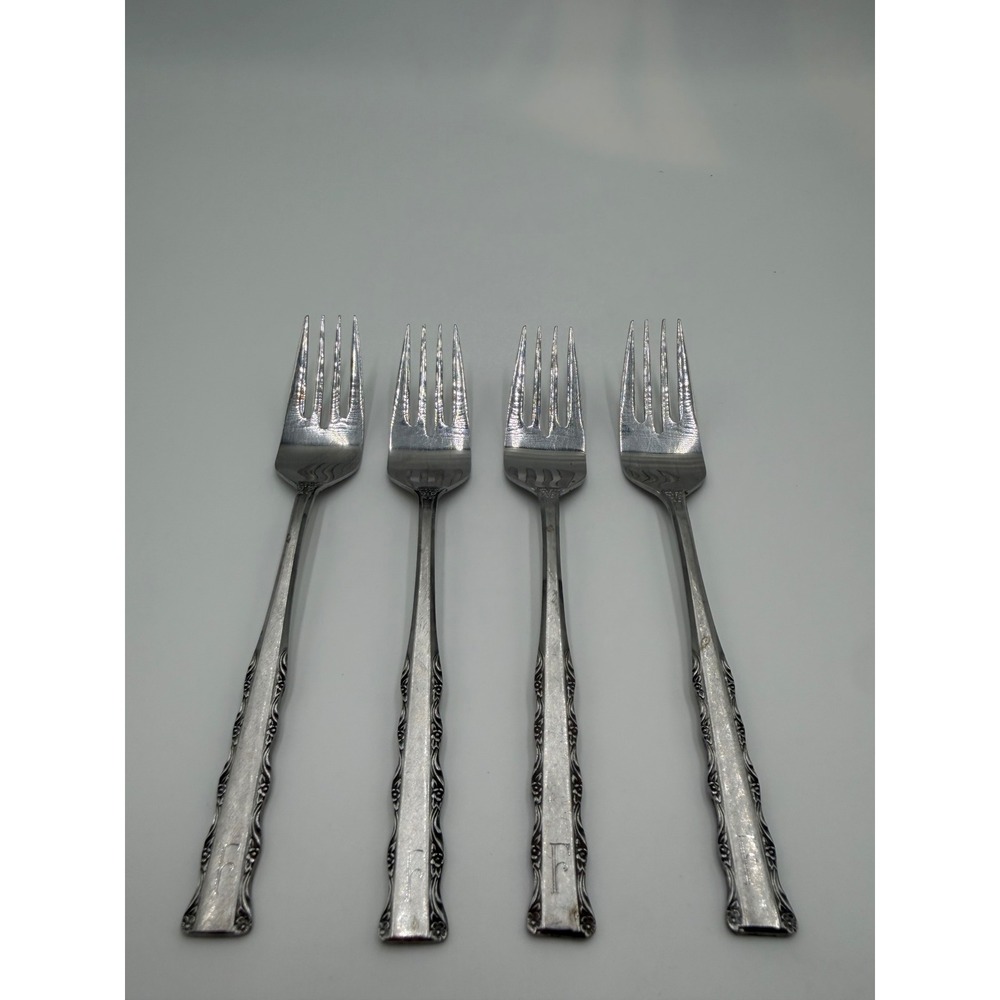 Ekco Eterna Japan Stainless Steel Dinner Forks Set of 4 Monogram F Floral Scroll
